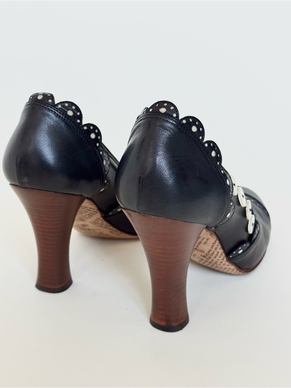 Vintage John Galliano Black Leather Scalloped Heels with Button Accents - Italy - Picture 6 of 11